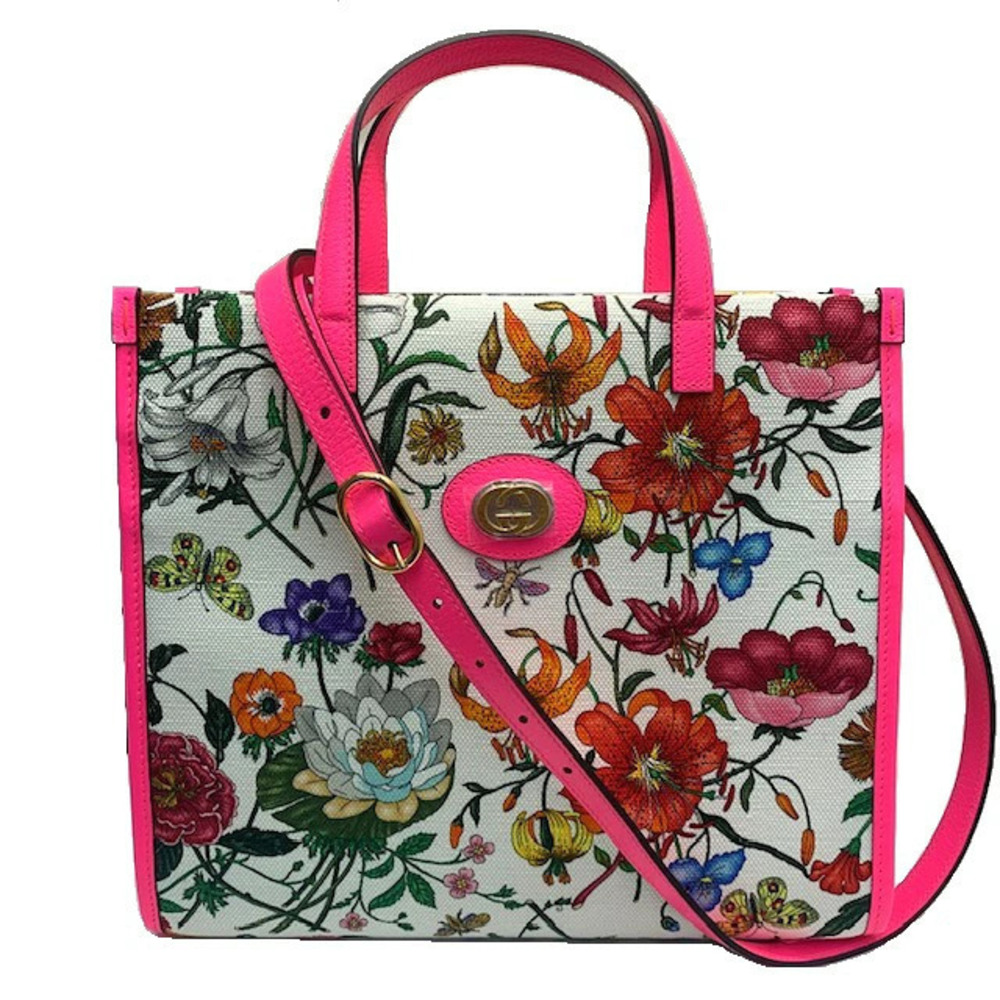 Gucci Flora Leather Neon Bag Canvas Pink Tote Shoulder White Flower